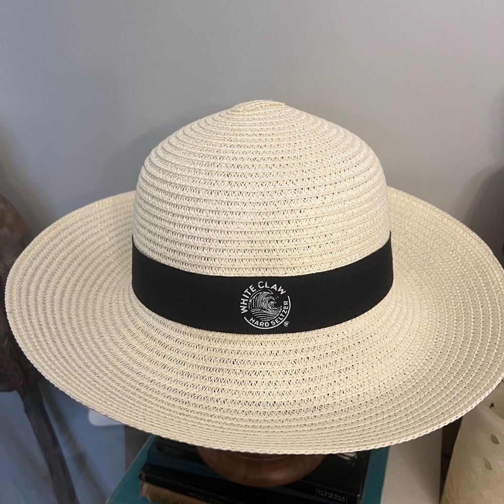New WHITE CLAW Seltzer Panama Womens Sun Hat Black Ribbon Resort Beach Demure